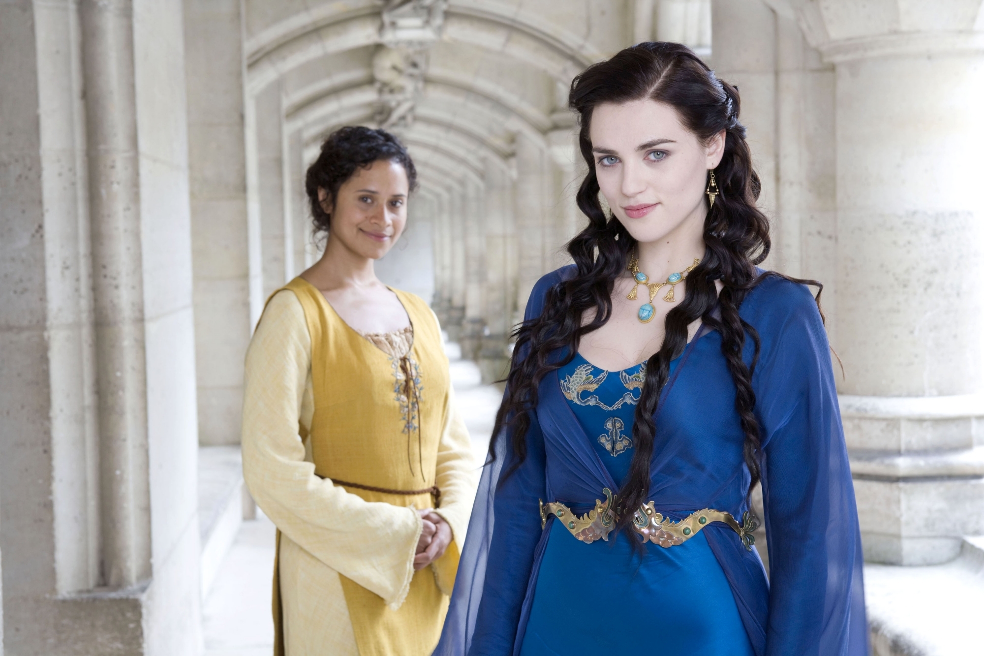 Still of Angel Coulby and Katie McGrath in Merlin (2008)