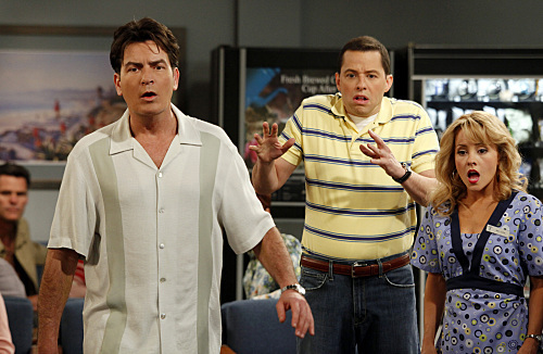 Still of Charlie Sheen, Jon Cryer and Kelly Stables in Two and a Half Men (2003)