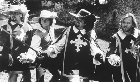 Still of Charlie Sheen, Chris O'Donnell, Kiefer Sutherland and Oliver Platt in The Three Musketeers (1993)