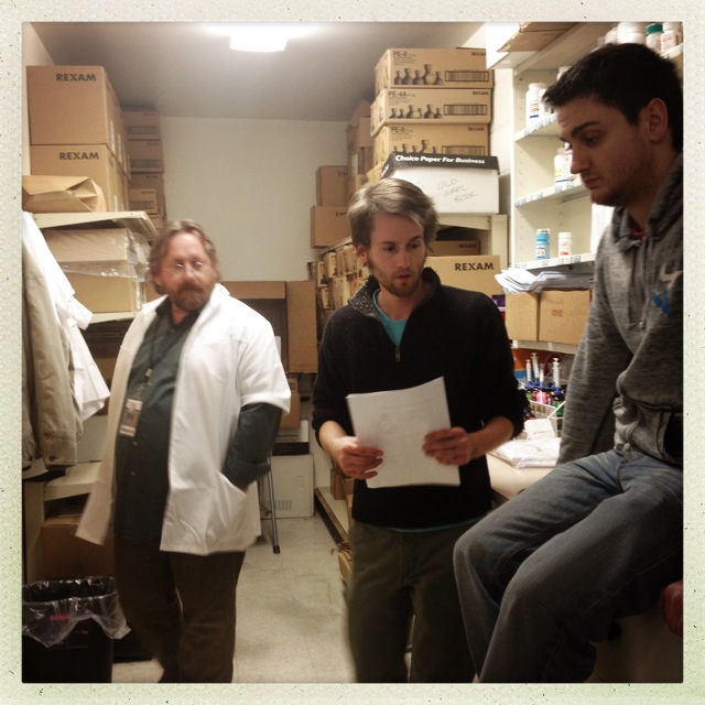 James Morris (right) works with director Michael Christensen (center) and Richard Dutcher (left) on the set of Absolution Is Now Public, 2013.