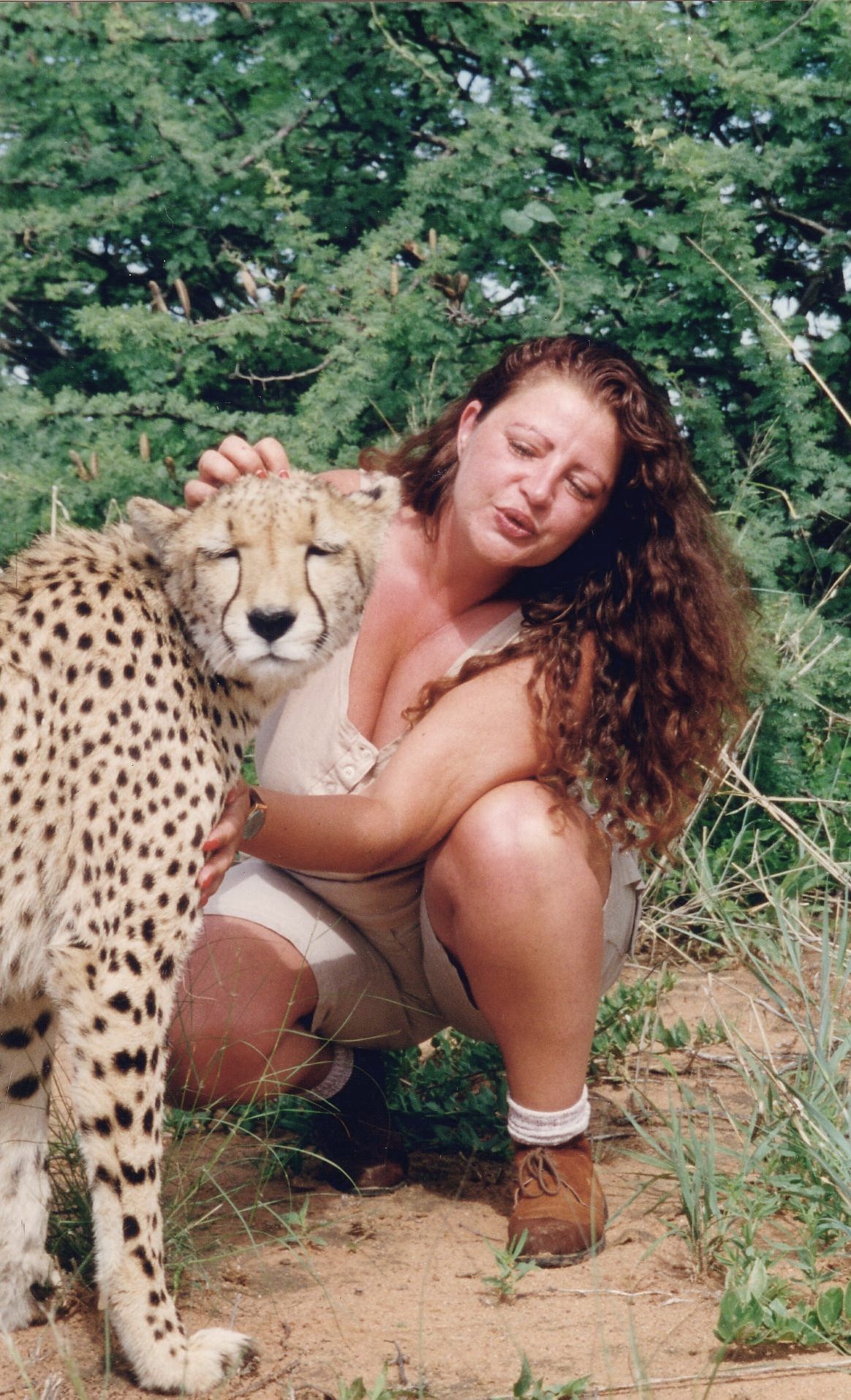 Lynn Santer with rescued cheetah in The AfriCat Foundation Namibia, Africa