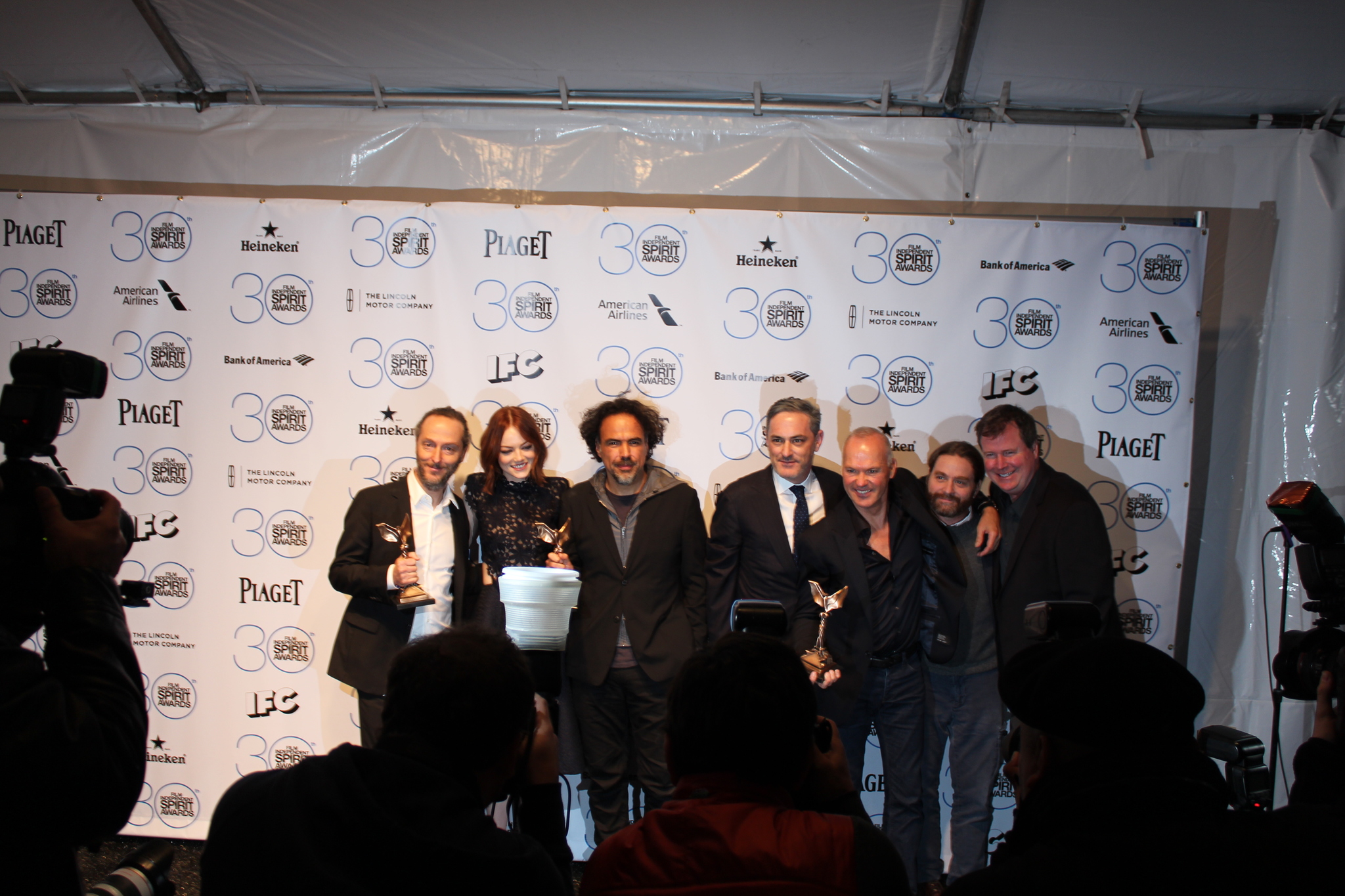 Michael Keaton, Zach Galifianakis, Alejandro González Iñárritu, Emmanuel Lubezki, John Lesher and Emma Stone