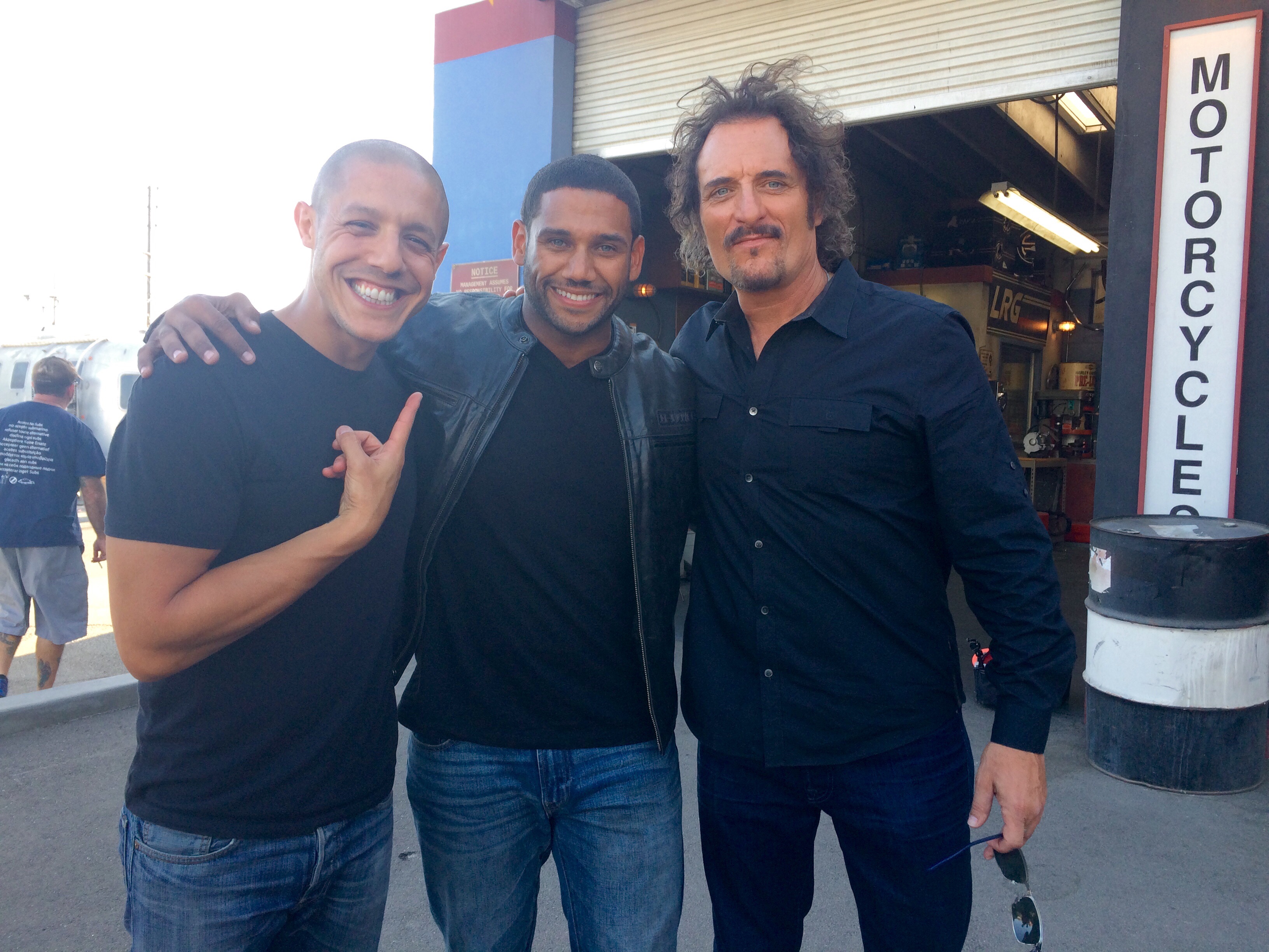 Michel Curiel and actors Theo Rossi and Kim Coates on the set of Sons of Anarchy