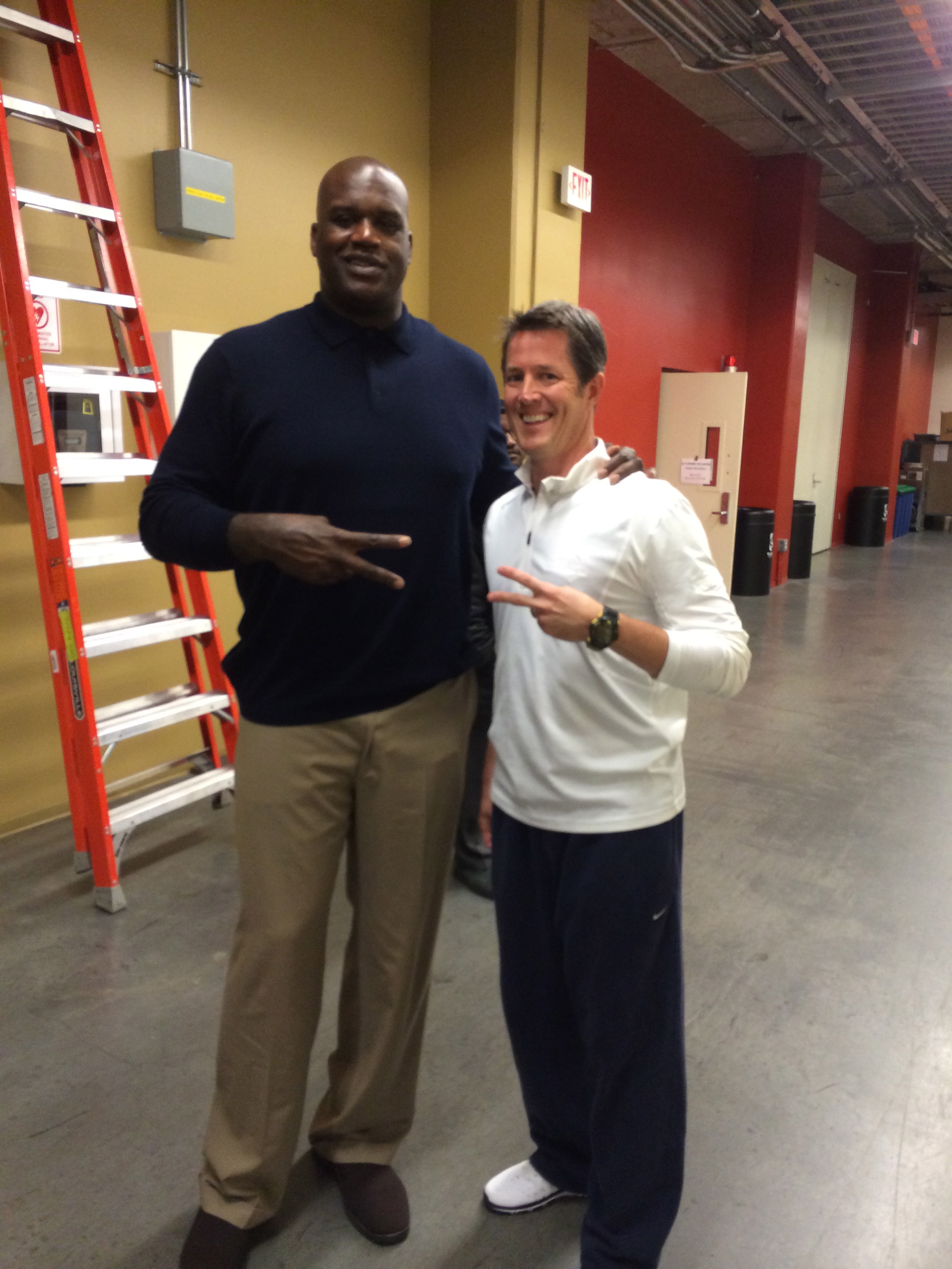 Kicking it with Shaq during a commercial shoot