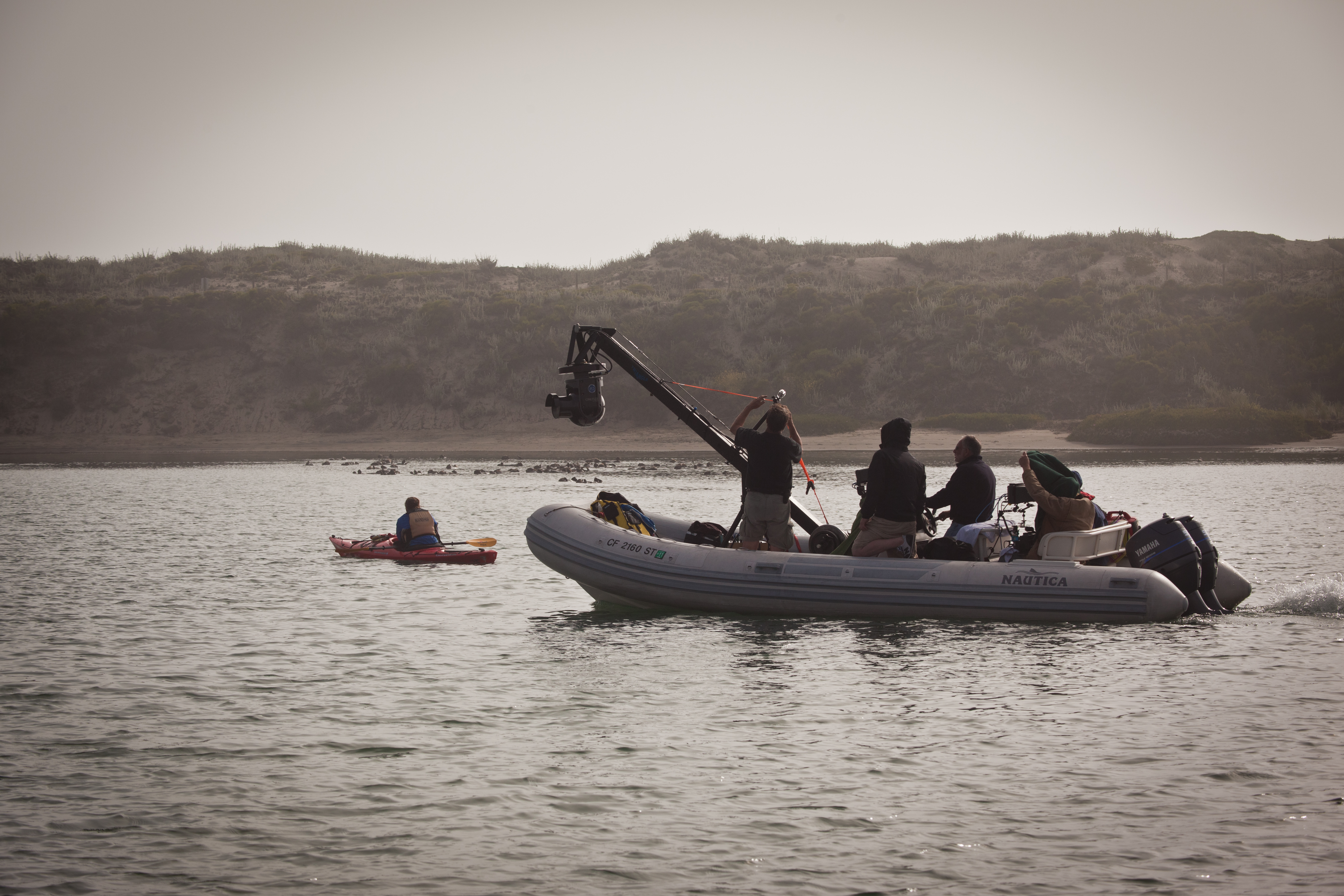 The crew of Otter 501 (Chris Siracuse, Mark Shelley, Bob Talbot, Tom Miller, Phillip Powell, and Katie Pofahl) filming in Elkhorn Slough, CA.