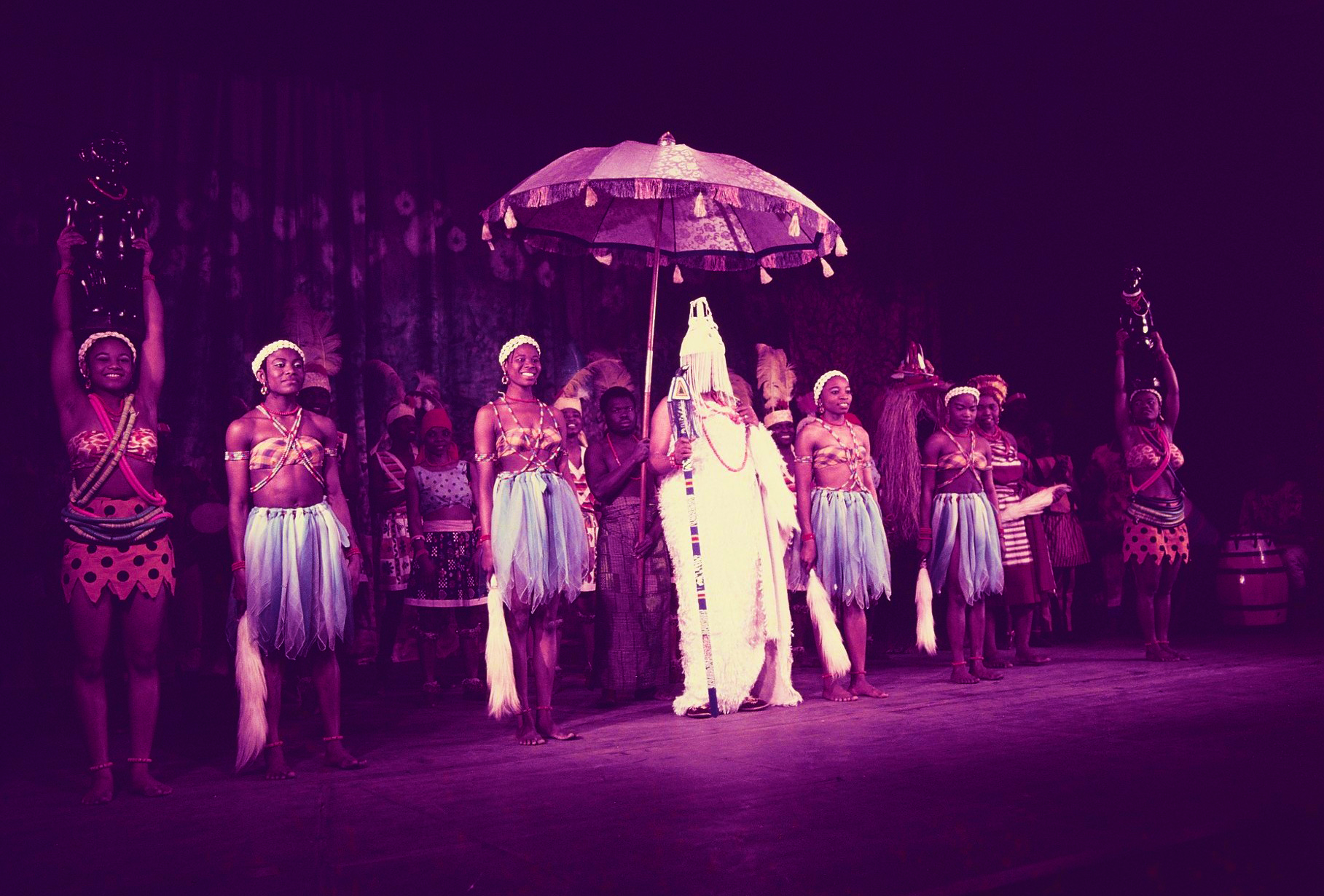 A scene in Oh Ogunde! at the then newly opened Fiarfield Halls, London. The troupe was the first African troupe to perform in a tent of 10,000 audience at the Langollen Eisteadford festivals in Wales 1969.