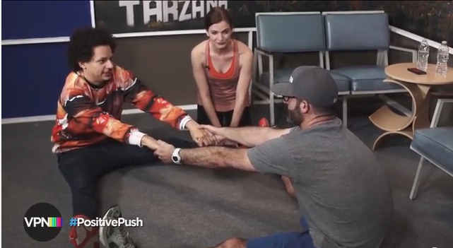 Ciara leading a stretch on Positive Push with Brody Stevens and Eric Andre.