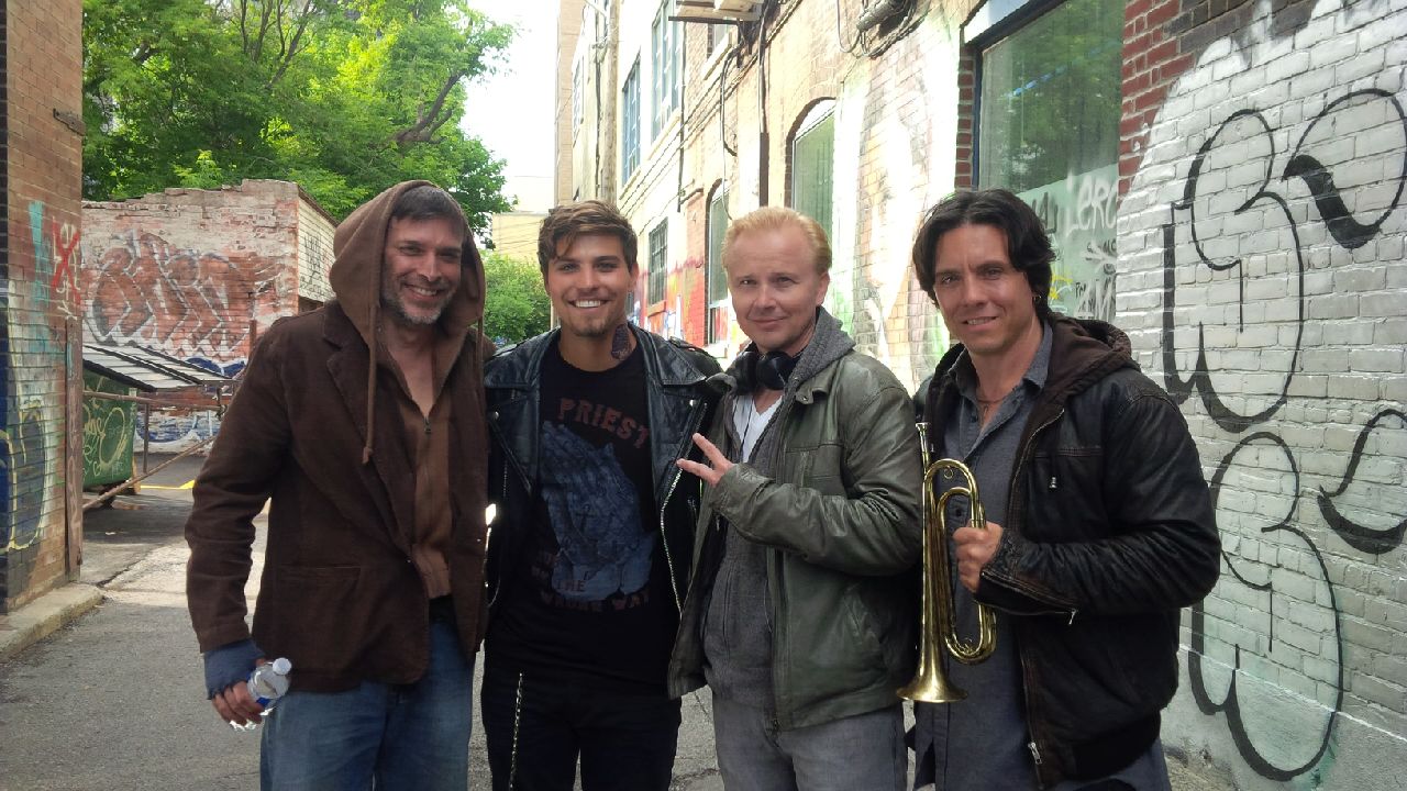 From Left, Frank Chiesurin, Luke Bilyk, Rafael Kalamat and Jason Barbeck on the set of Adams Testament (2015)