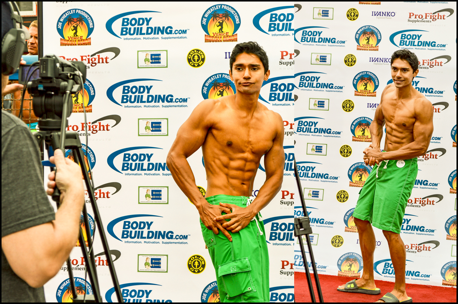 Hitting some poses for Bodybuilding.com interview at Muscle Beach red carpet.