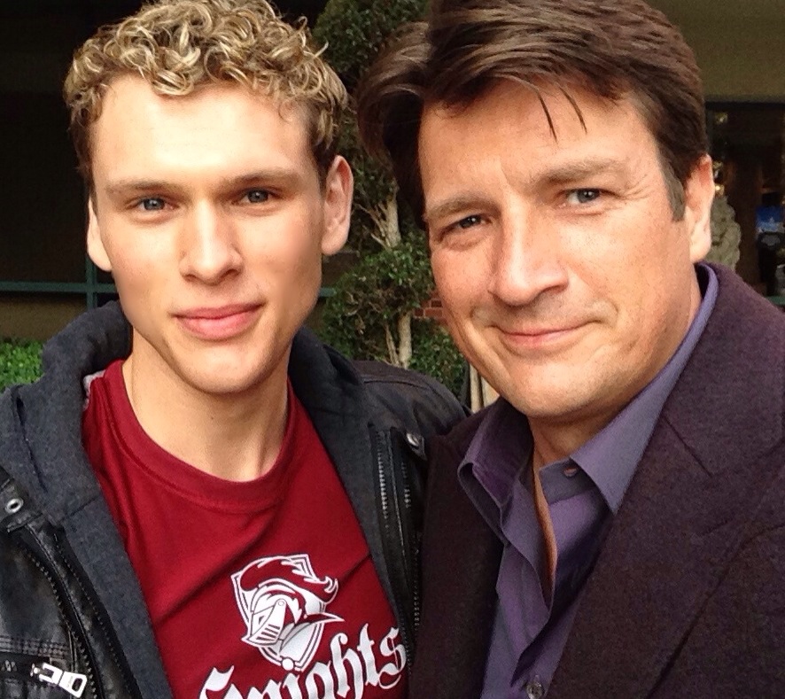 Sam Towers and Nathan Fillion on the set of Castle