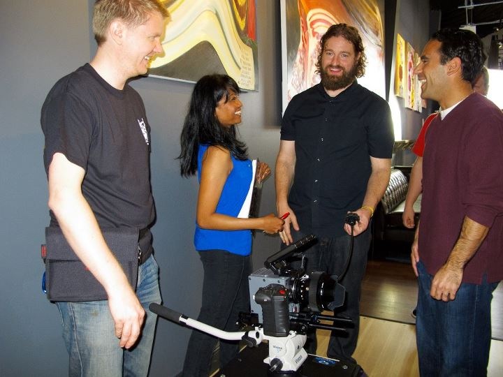 On set of The Dance. On location, Mission Bowling Club, San Francisco. Pictured from Right to Left: Jonas Kilttmark, 2nd Asst. DP, Jacintha Charles, Director, Harly Crandall, 1st Asst. DP, David Ojakian
