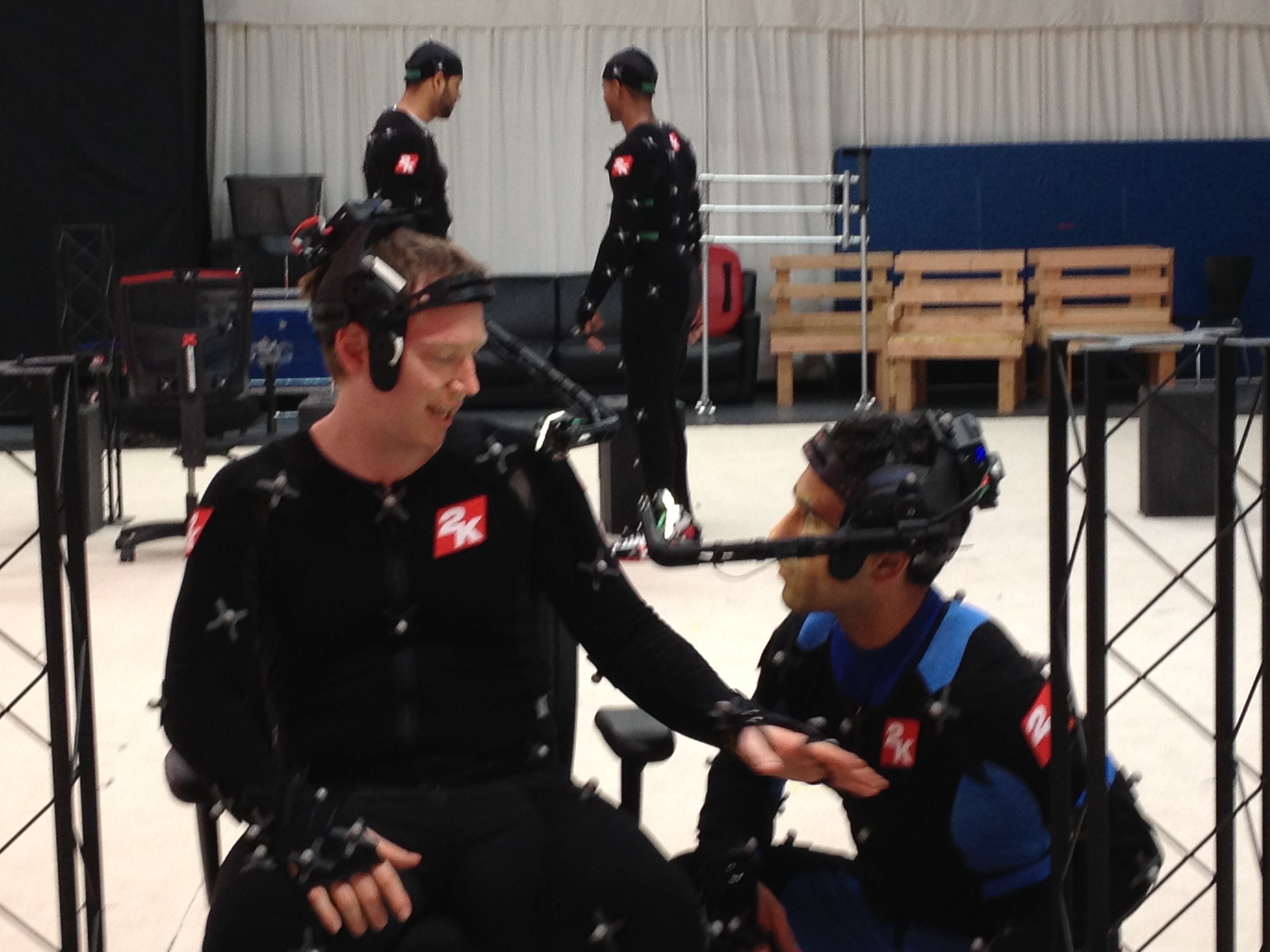 On set of NBA 2K14 at 2K games motion capture studio in Novato, CA. Pictured from Left to Right (foreground): Mark Middleton, David Ojakian.