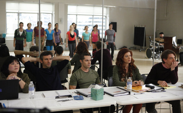 Still of Debra Messing, Jack Davenport, Ann Harada, Christian Borle, Derek Wills and Joshua Bergasse in Smash (2012)