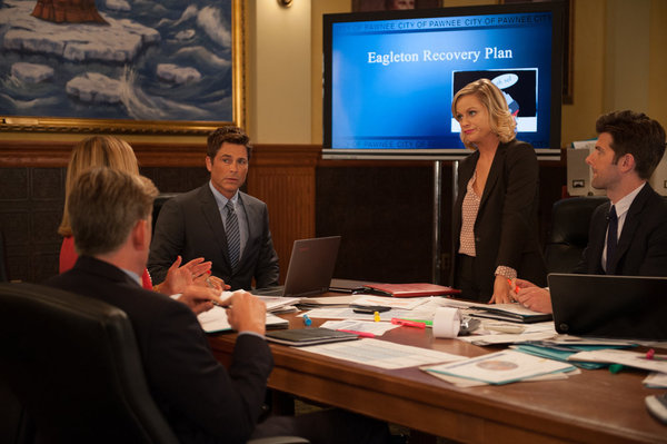 Still of Rob Lowe, Adam Scott and Amy Poehler in Parks and Recreation (2009)
