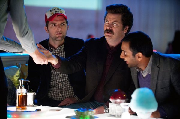 Still of Adam Scott, Nick Offerman and Aziz Ansari in Parks and Recreation (2009)