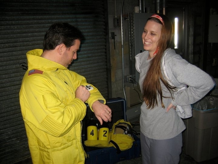 Rich Lounello first trying on our radiation suits and testing it out, while Shera Dawn Hunt is still in the underground outfit.