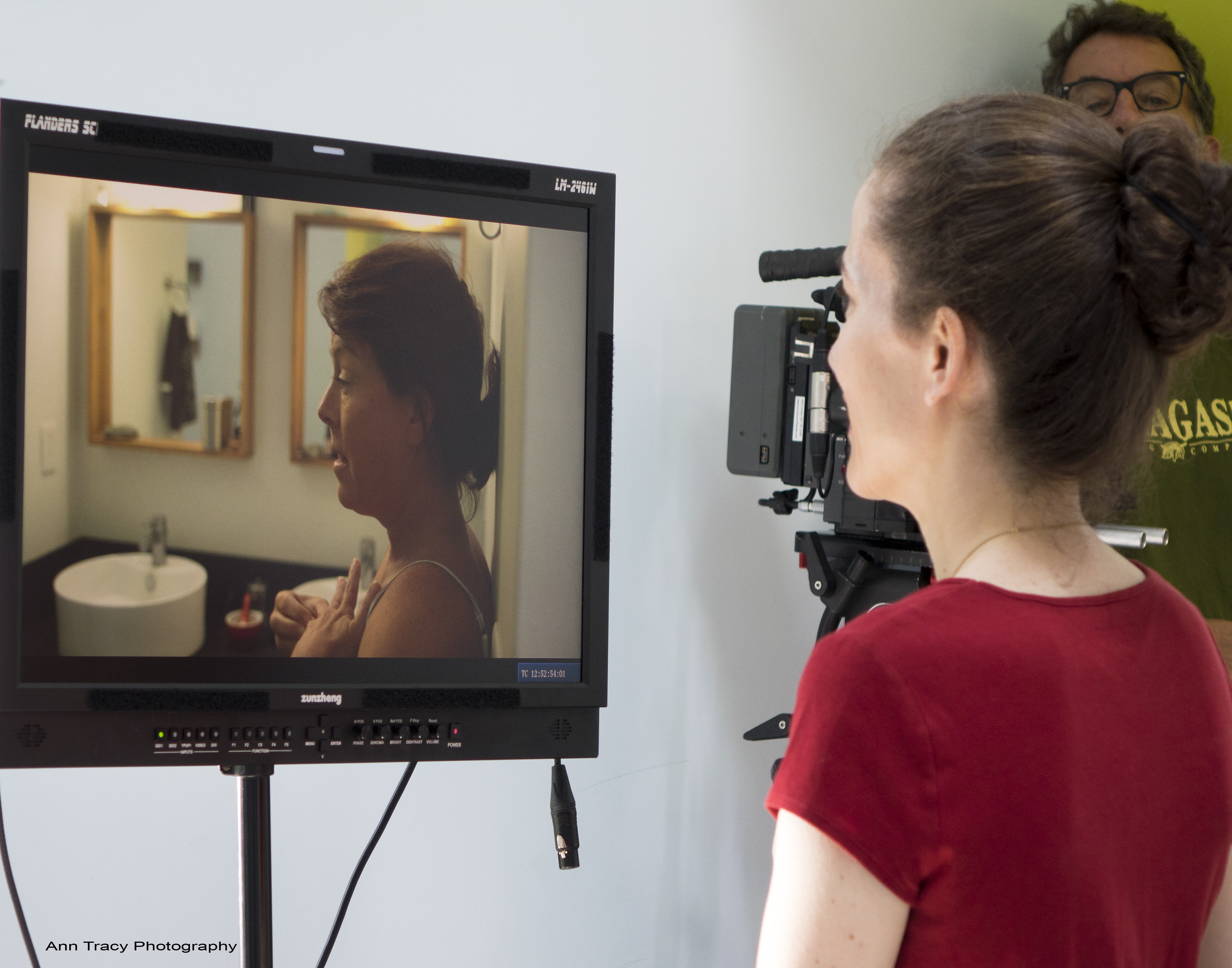 Director Jenny Anastasoff watches 'Sui Generis' lead Lisa Boucher Hartman on the monitor. Phil Cormier frames the shot. 2014.