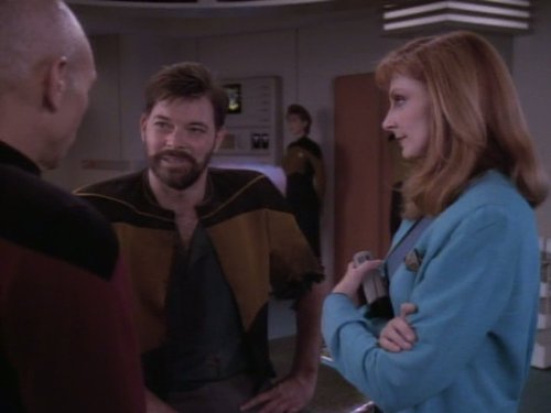 Still of Jonathan Frakes, Gates McFadden and Patrick Stewart in Star Trek: The Next Generation (1987)