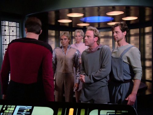 Still of Jonathan Frakes, Merritt Butrick, Kimberley Farr, Richard Lineback and Judson Scott in Star Trek: The Next Generation (1987)