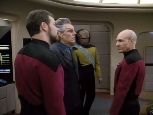 Still of Michael Dorn, Jonathan Frakes, Patrick Stewart and Craig Richard Nelson in Star Trek: The Next Generation (1987)