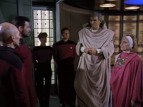 Still of Jonathan Frakes, Patrick Stewart, Mark Lenard and Joanna Miles in Star Trek: The Next Generation (1987)