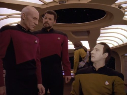 Still of Michael Dorn, Jonathan Frakes, Brent Spiner and Patrick Stewart in Star Trek: The Next Generation (1987)