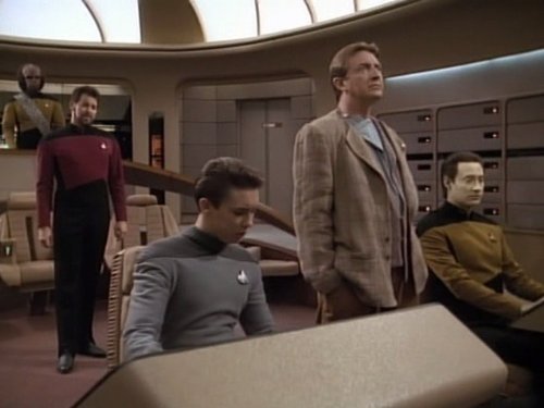 Still of Michael Dorn, Jonathan Frakes, Brent Spiner, Wil Wheaton and Ken Jenkins in Star Trek: The Next Generation (1987)