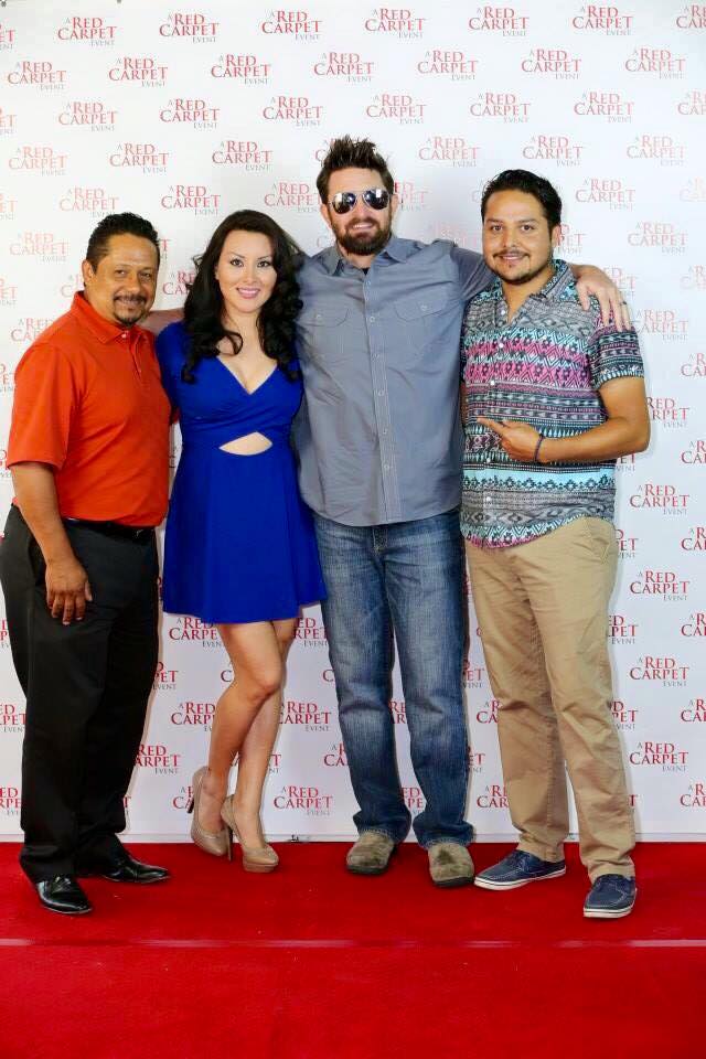 Andrew on the red carpet at the Prepper wrap party with producer Daniel Beltran, producer Dalila Payan, and art department coordinator Enrique Arellano.