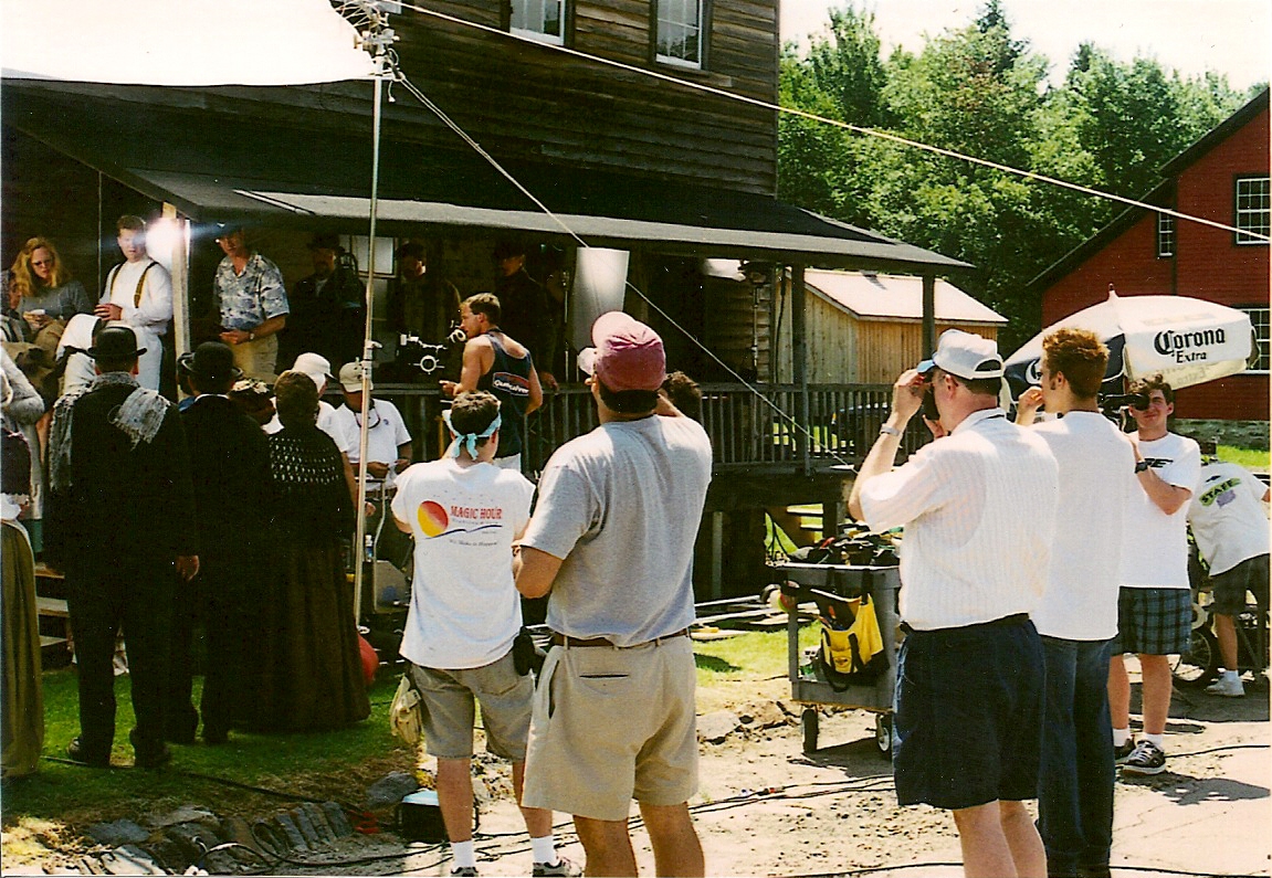 Cast and crew on location at Eckley Miner's Village in Pennsylvania, while shooting the United Studio's film, Stories from the Mines. This scene was titled, The Company Store.