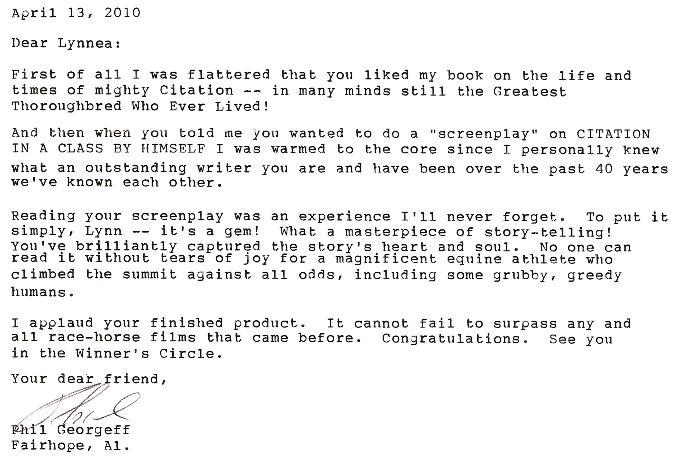Phil Georgeff's letter re: my Citation In A Class By Himself-The Movie Screenplay. 