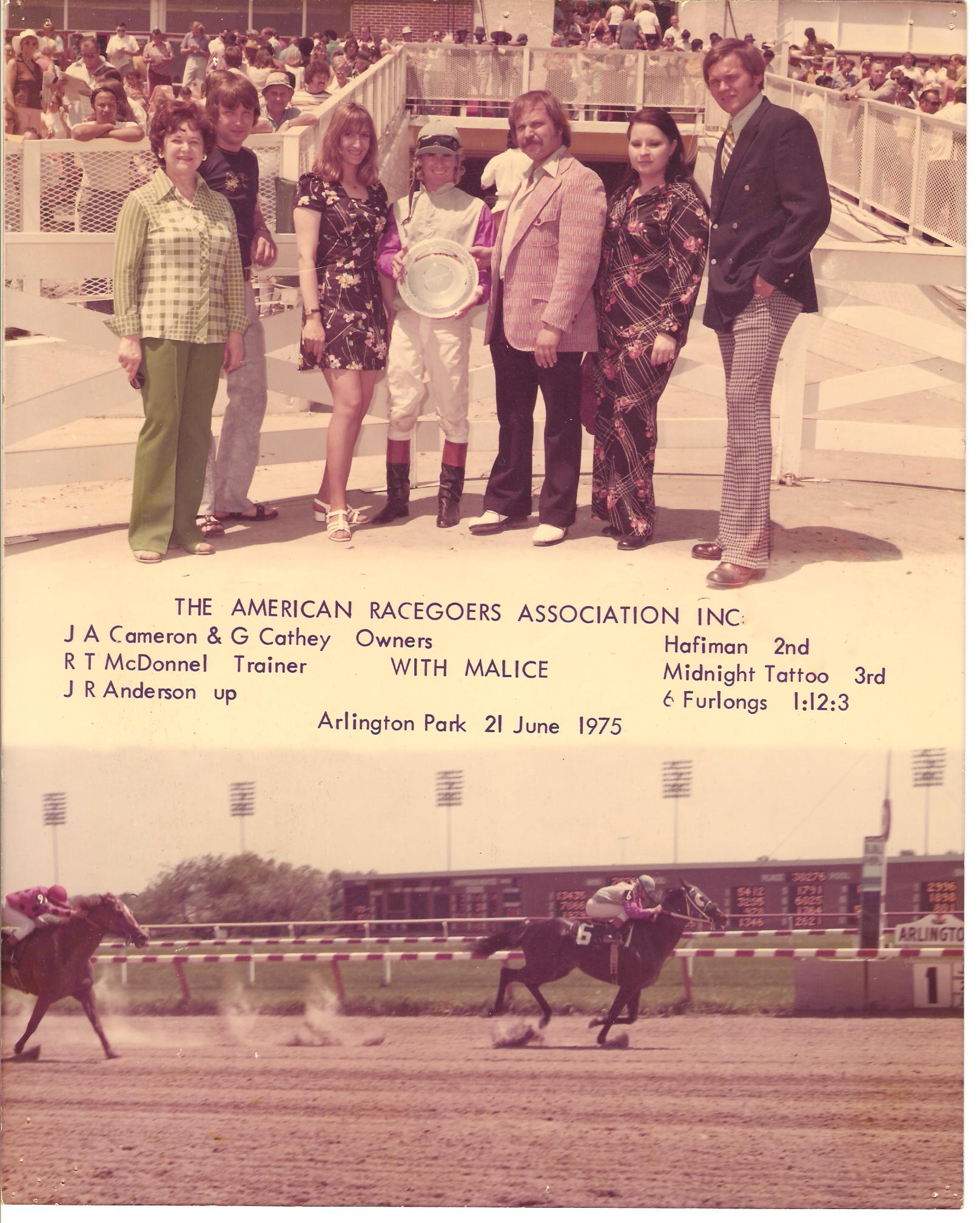 The American Racegoers Association, Inc. - President Carole Scott Socha and VP Lynnea C. Woxberg - Winners Circle Photo June 21 1975