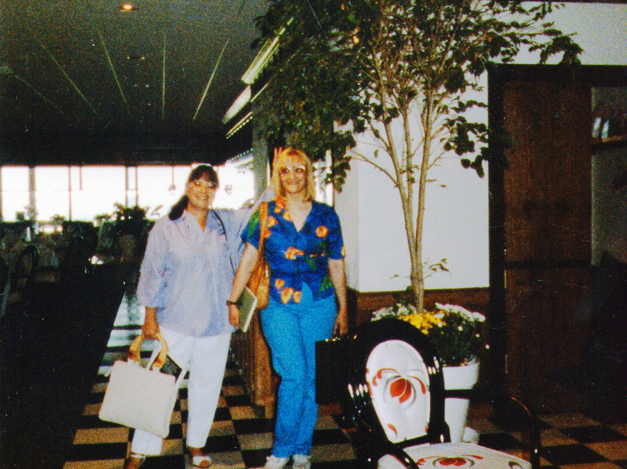 Carole Scott Socha, my now dear departed from earth friend and I on our way to work in press box at Hawthorne Race Course, circa 1995.