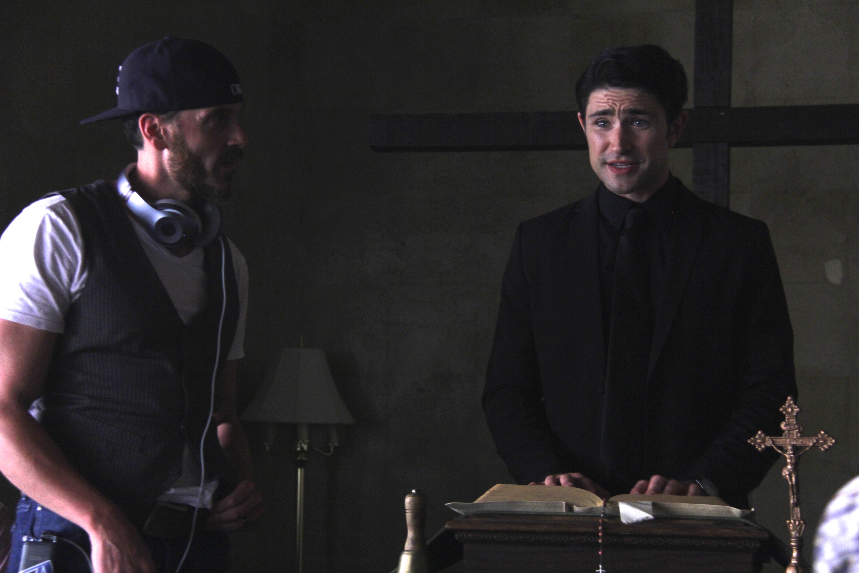 director Jason DeVan with actor Matt Dallas on set of Tell Me Your Name
