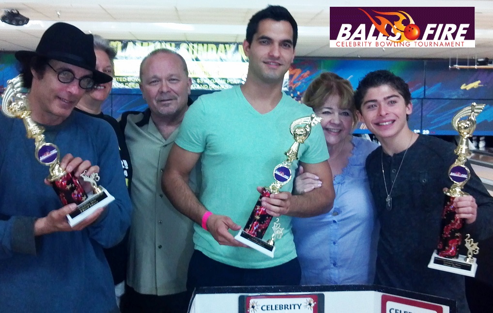 A David Mirisch Production Ball Of Fire Celebrity Bowling Tournament, Winners Mikel Beaukel,David Shelton and Ryan Ochoa with Patrika Darbo from Days Of Our Lives.