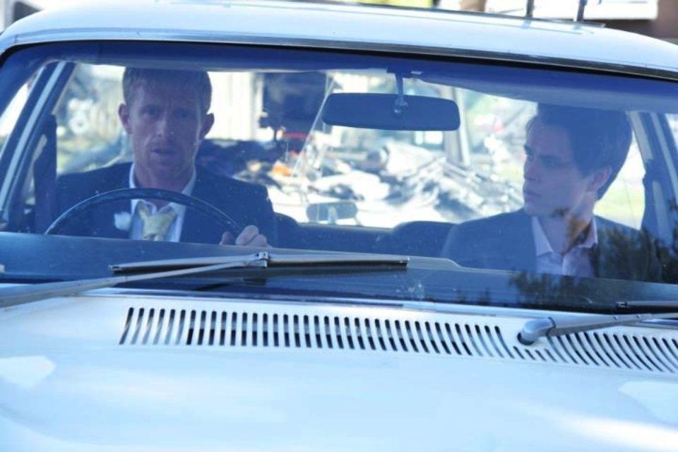 Still of Matt Callan and Simon Lyndon on the set of 'Thanks For The Ride' 2012