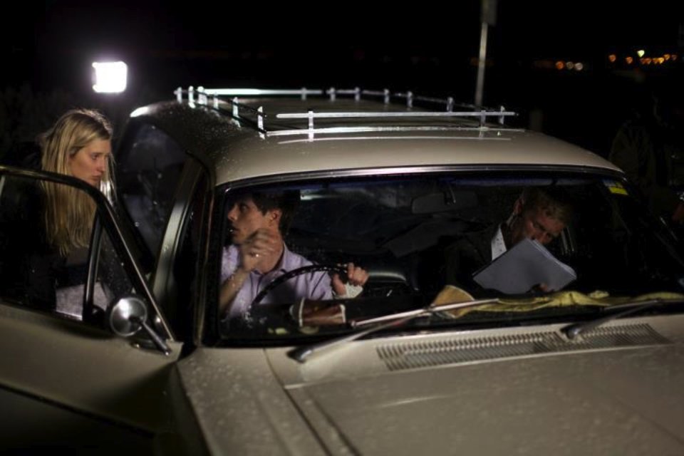 Still of Tenika Smith, Matt Callan and Simon Lyndon on set of 'Thanks for the ride' 2012.