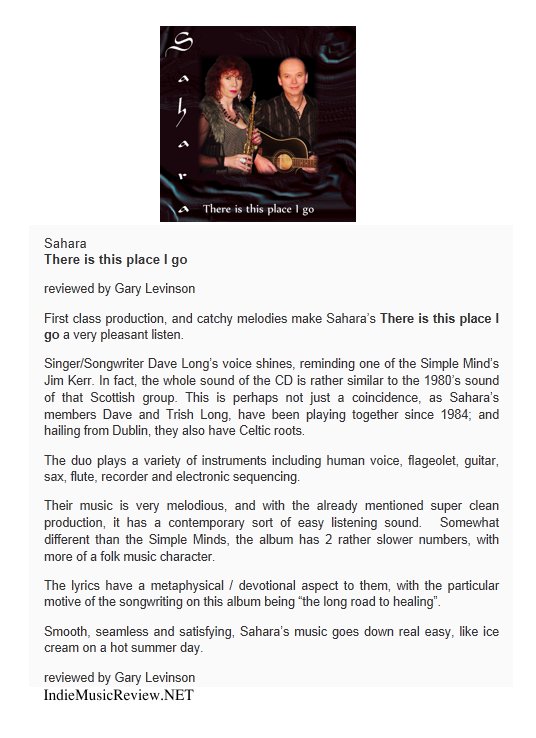Sahara 'There is this place I go' CD review by Gary Levinson of IndieMusicReview.NET