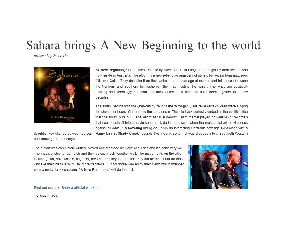 Sahara 'A New Beginning' CD Review by Jason Hohl of 67 Celtic Music Promotions USA
