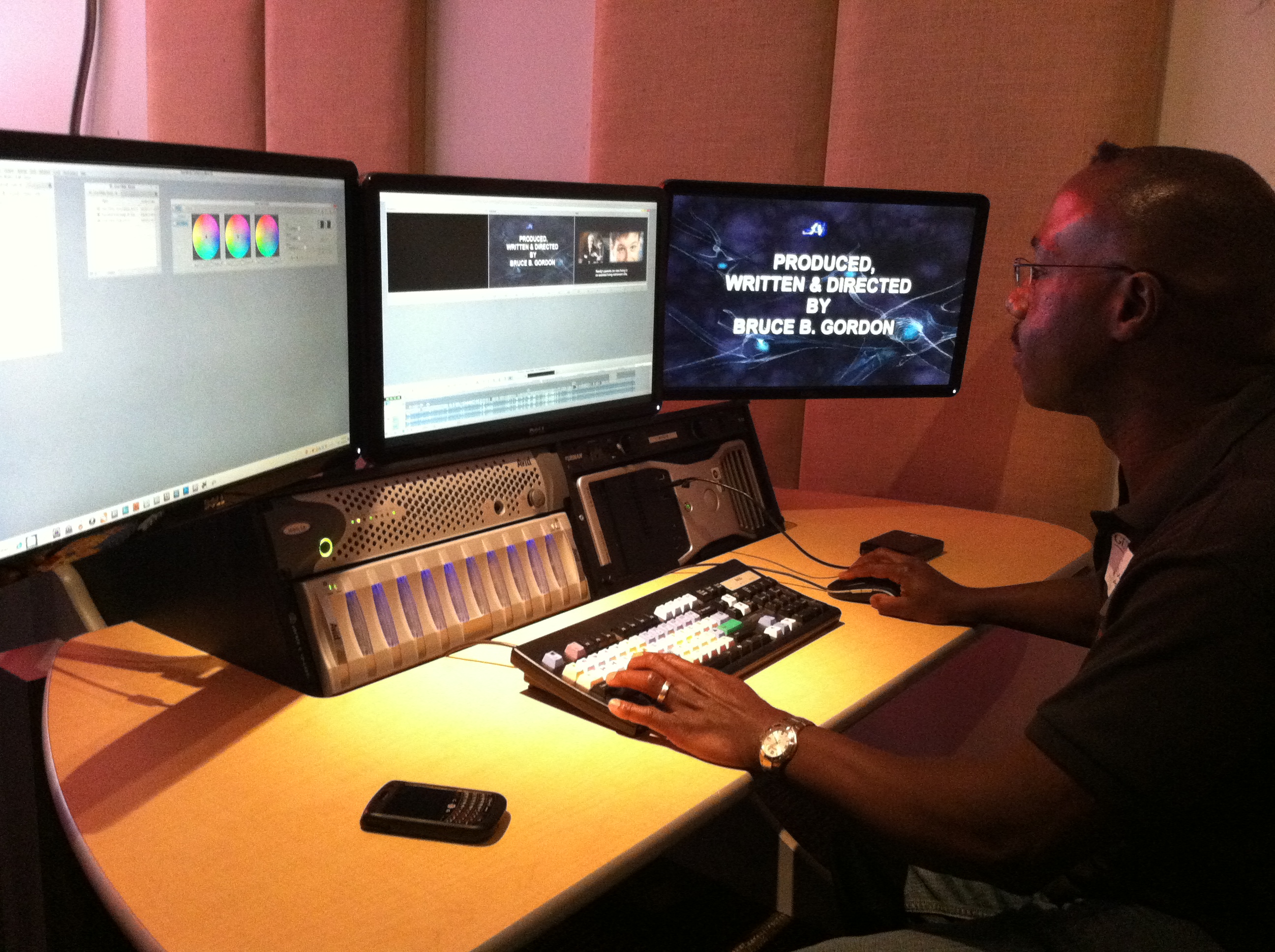 Director Bruce B. Gordon editing for DVD and Blu-Ray masters with the Avid Nitrus Suite.