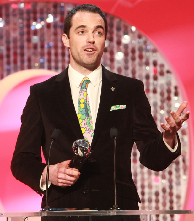 Joseph on ITV accepting the Best Newcomer Award at the 2013 British Soap Awards