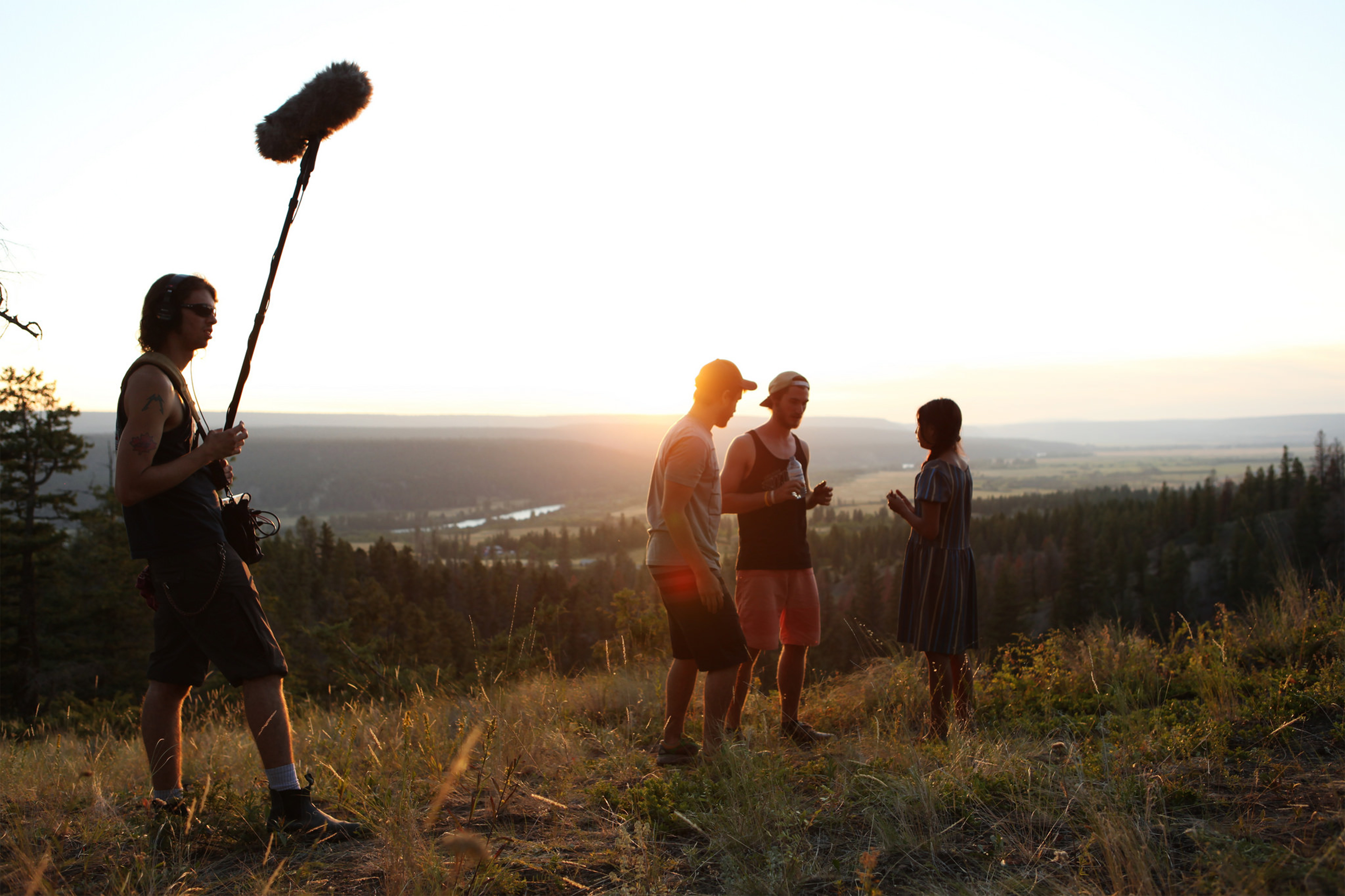 Writers and directors Trevor Mack and Matthew Taylor Blais direct Trinity Stump on set of 'Clouds of Autumn'.