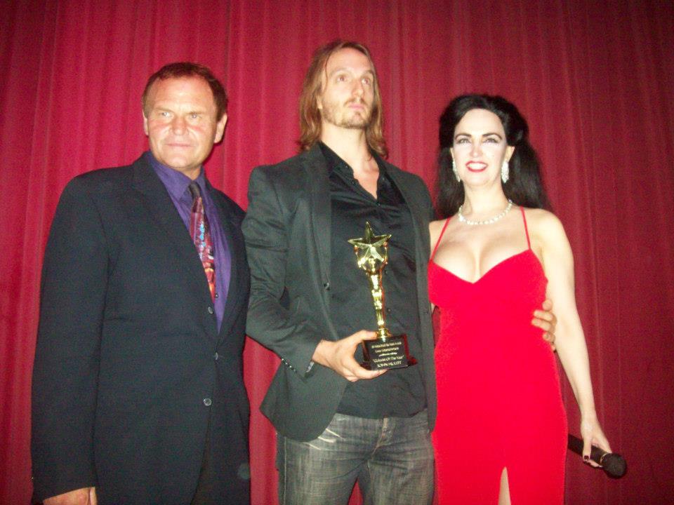 Actress Alexis Kiley (far right) co-hosting the 6th Annual South Bay Music Awards. Left to right: Ken Andrews-Producer of the South Bay Music Awards, John Huldt-SBMA 2012 Guitarist Of The Year-and actress and SBMA co-host Alexis Kiley.