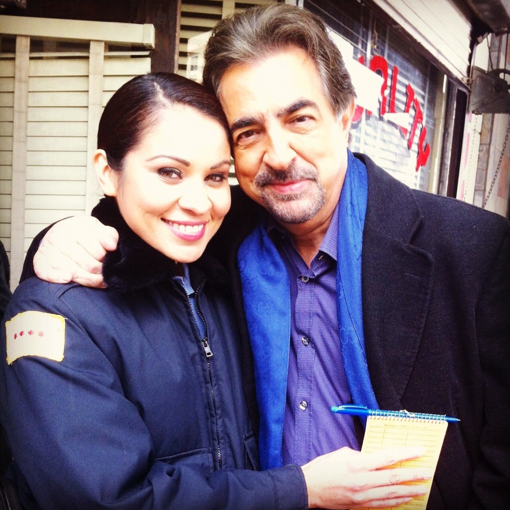 Adela Tirado and Joe Mantegna on set of 