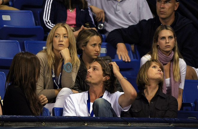 Kate Hudson (L), Andrew Gray McDonnell (C) and Sara Foster (R) watch Foster's boyfriend Tommy Haas of Germany take on Donald Young during the Countrywide Classic Day 2 at Los Angeles Tennis Center - UCLA August 5, 2008 in Los Angeles, Calif