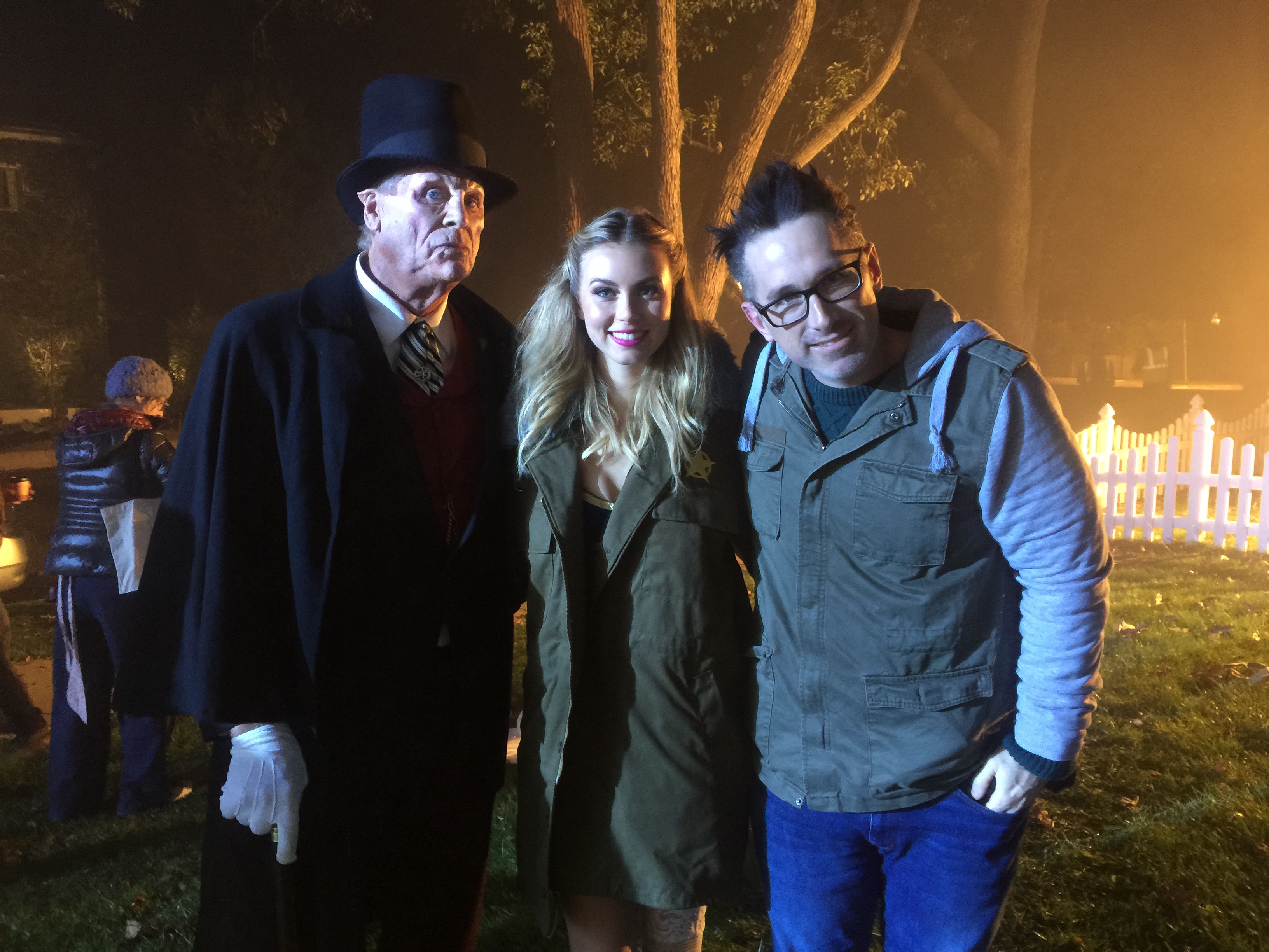 Barry Bostwick, Natalie Castillo, and Darren Lynn Bousman while filming Tales Of Halloween.
