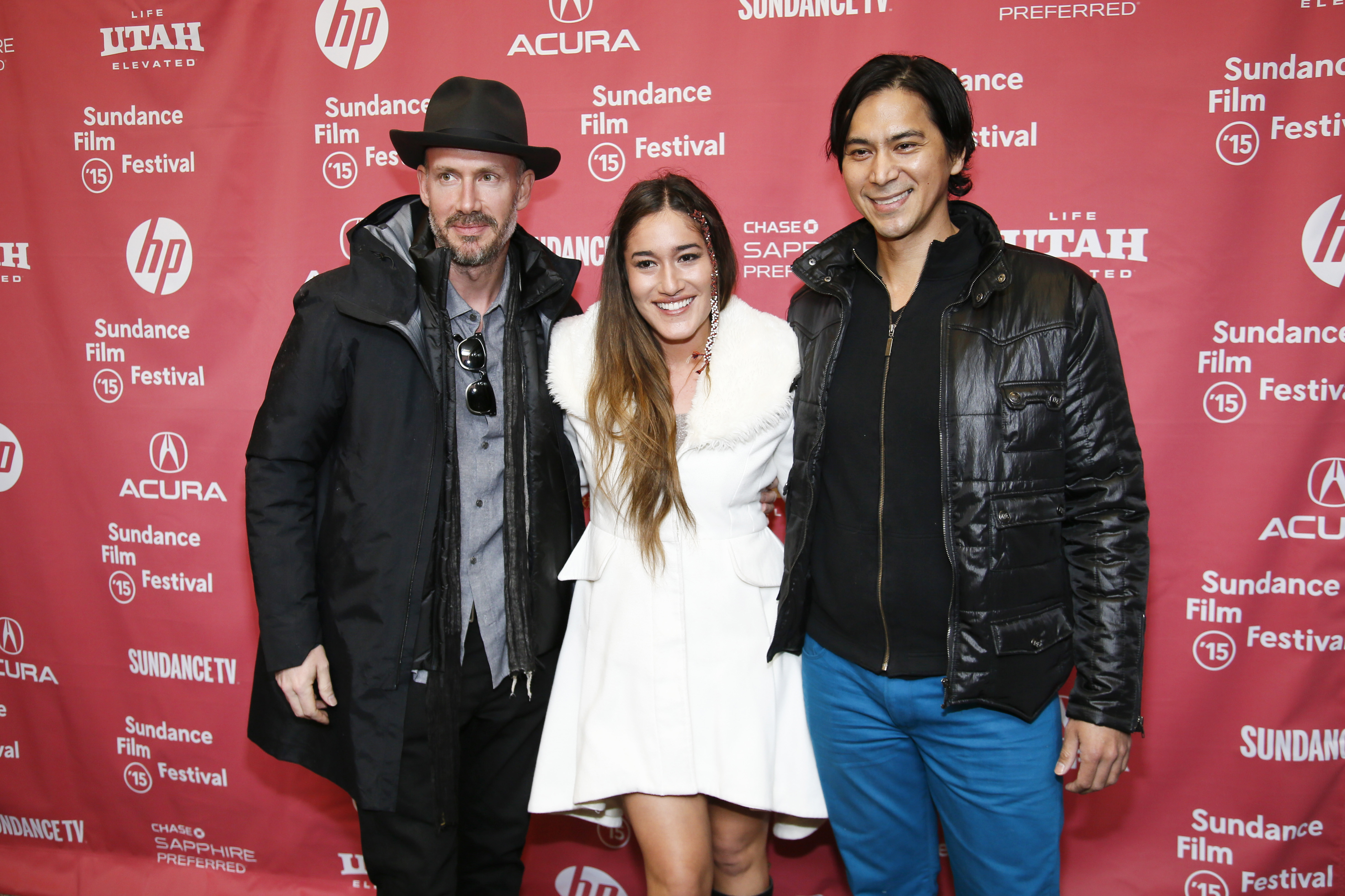 From left to right, producer Wicks Walker, actress Q'orianka Kilcher and Kalani Queypo, pose at the premiere of 