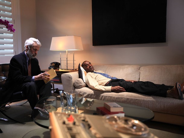 Barney Hill (played by actor Von D. Booker) undergoing hypnosis by psychiatrist, Dr. Benjamin Simon (played by John Gerner). It was in his hypnosis sessions that Barney recalled being abducted by aliens.