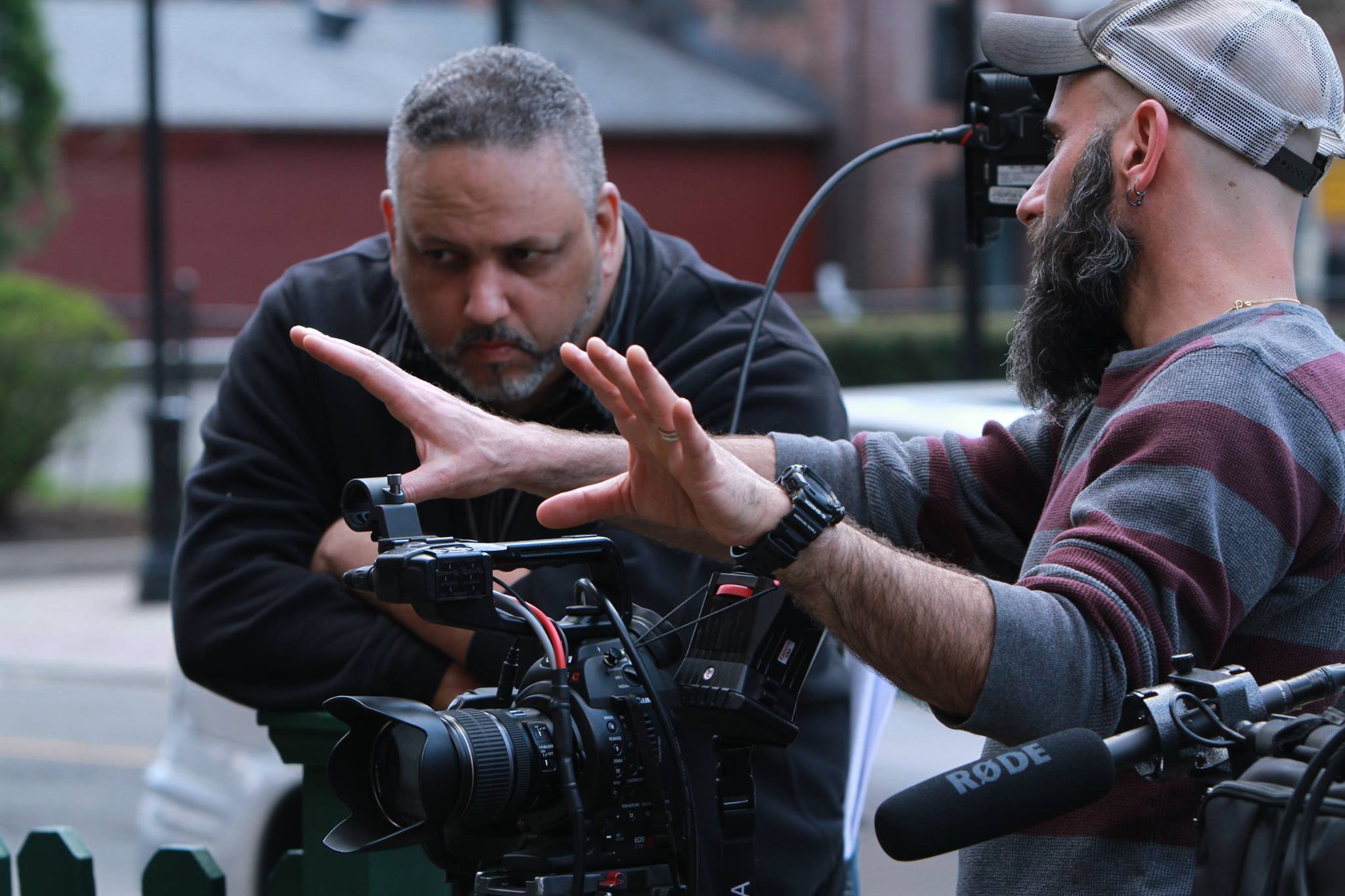Only Moments director, Angel Rosa (left) discusses a scene with director of of photography, Renato Ghio.
