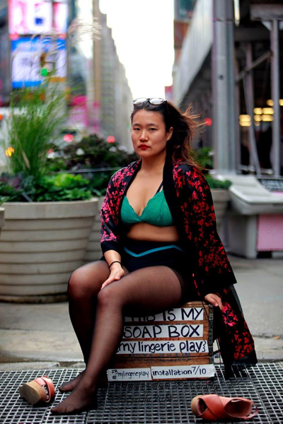 Diana Oh performing her {my lingerie play} Installation 7/10: The 24 Hour Installation in Times Square. www.mylingerieplay.com