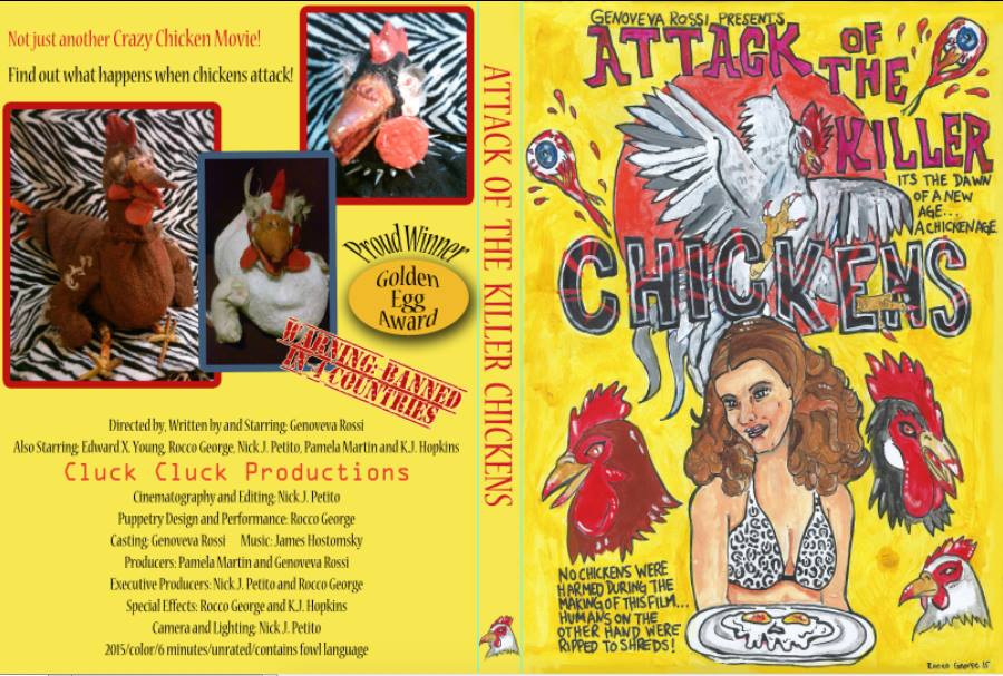 DVD art for Attack of the Killer Chickens, a short film written, directed, and starring Genoveva Rossi